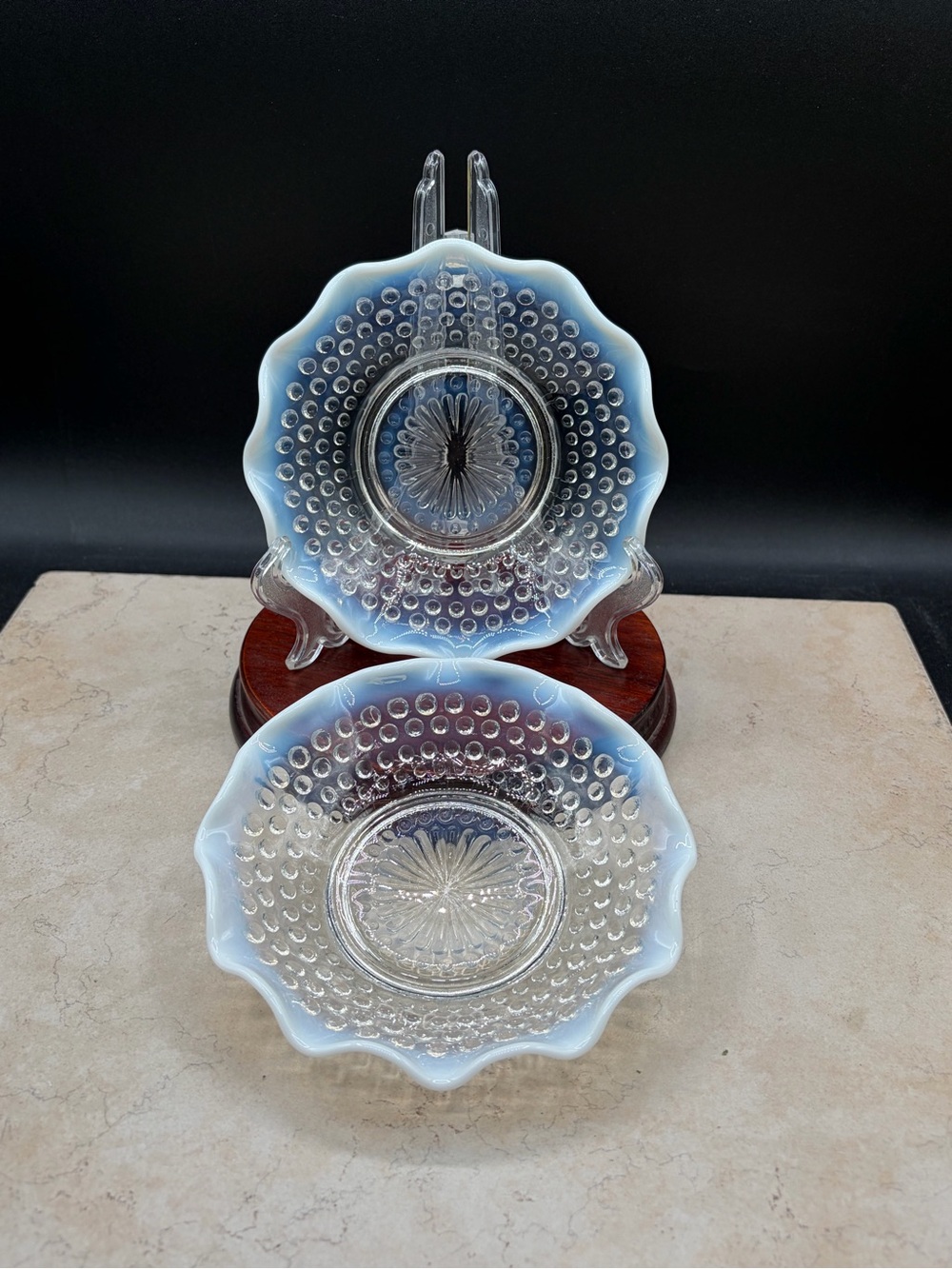 Set Of 2 MCM Fenton French Ruffled Moonstone Hobnail Candy Dishes 1940's